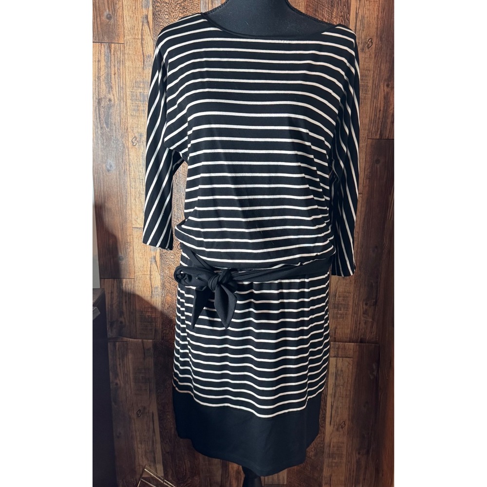 White House Black Market Dress Striped Boat Neck 3/4 Sleeve Tie Waist